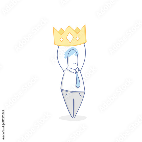 King, Boss, Chef, Master, Leader, Authority. Cute fun cartoon character fantasizes and holds the crown over himself