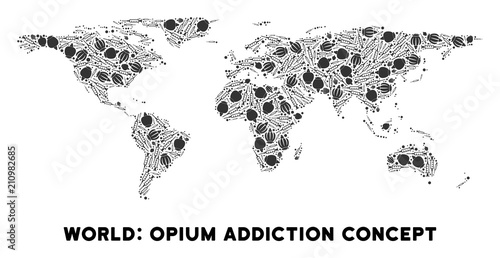 Opium addiction world map composition of poppy heads and syringes. Template for narcotic addiction campaign against heroin dependence.