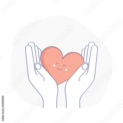 Hands holding cute red smiley Heart, receive or accept Love, Kindness, Care, Help, donation or hope. Charity, philanthropy, Volunteering or Assistance vector icon, logo. Modern line design concept.