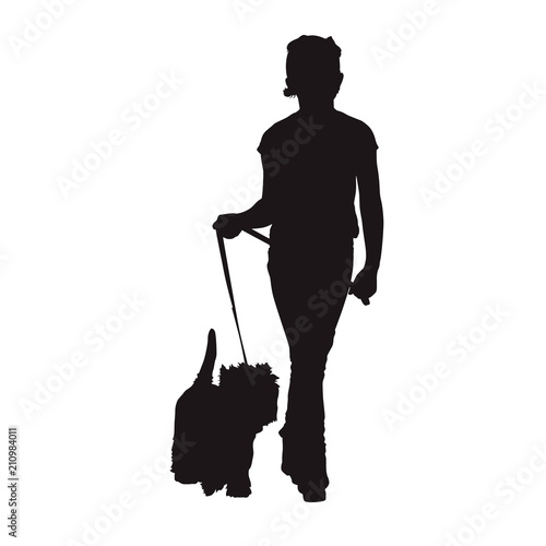 Kid walking dog, isolated vector silhouette, front view
