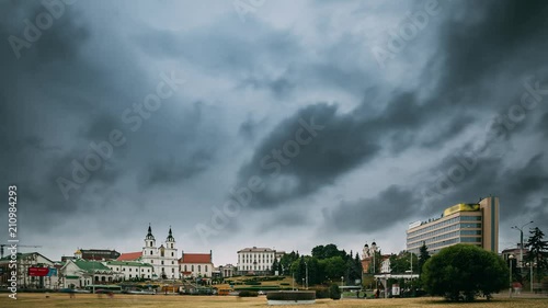 Minsk, Belarus. View Of Cathedral Of Holy Spirit. Famous Landmark, Main Orthodox Church Of Belarus. Time Lapse, Timelapse, Time-lapse photo