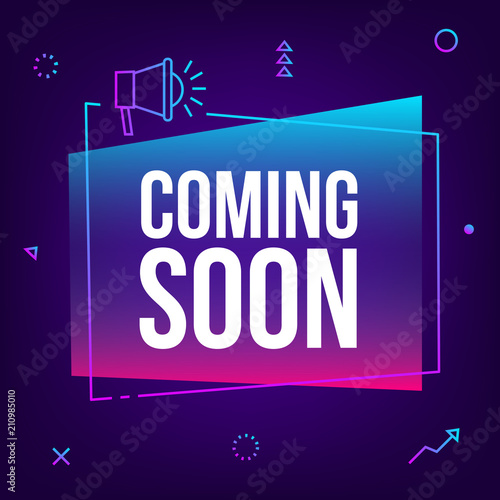 Coming soon. Vector abstract gradient sign illustration with loudspeaker, new
label design for sale. Business  advertising thin line web icons, promotion announce tag, sticker, announcement.