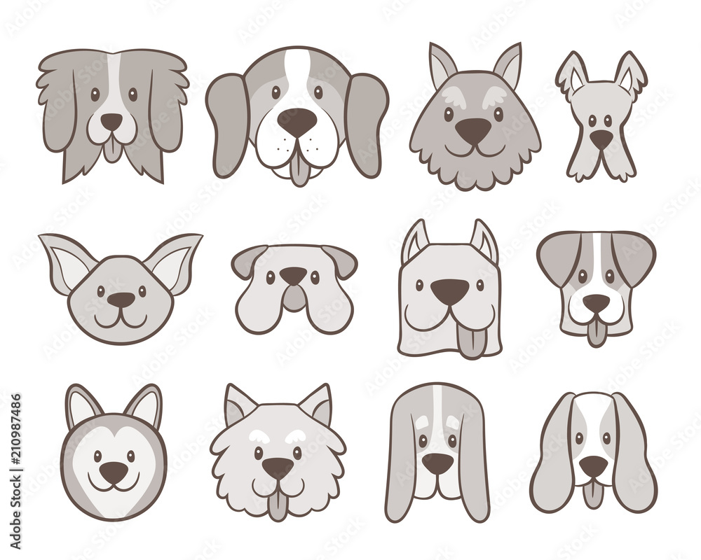 Hand drawn dog faces collection. Avatar icon set isolated on white ...