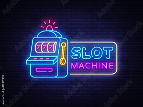 Slot Machine neon sign vector. Casino Design template neon sign, Slot Machine light banner, neon signboard, modern trend design, nightly bright advertising, light inscription. Vector illustration