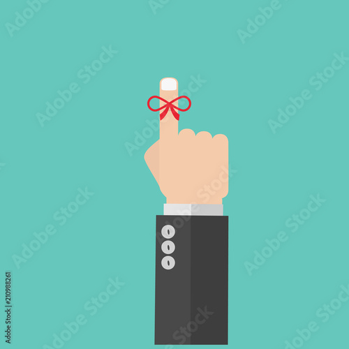 Reminder string poster. Hand with finger on which is tied ribbon bow