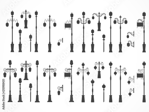 Vector set of street lights. Black silhouettes.