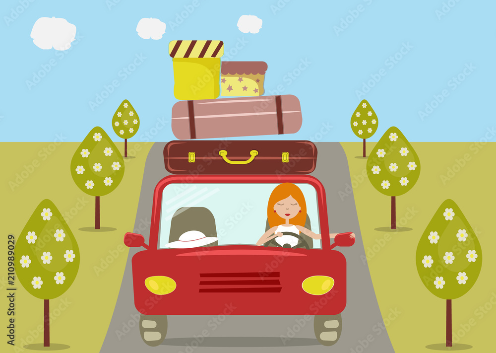 Beautiful cartoon girl is driving a red car. She is going to vacation.  There are a few suitcases and boxes on the roof of car. Road, trees,  clouds. Vector illustration Stock Vector |