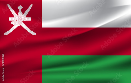 Flag of Oman. Realistic waving flag of Sultanate of Oman. Fabric textured flowing flag of Oman.
