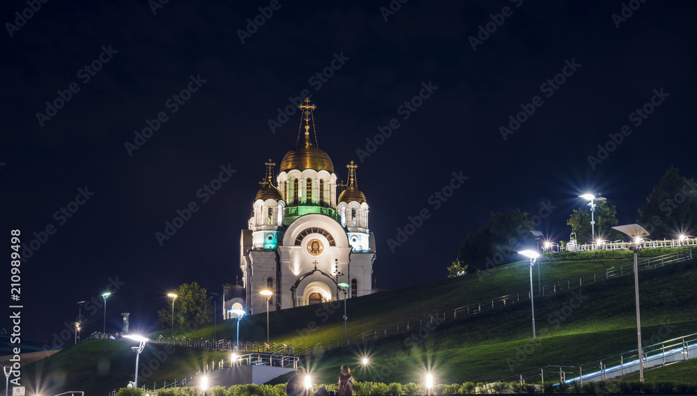 Church in honor of St. George the victorious in Victory square at night in Samara Russia. 26 June 2018