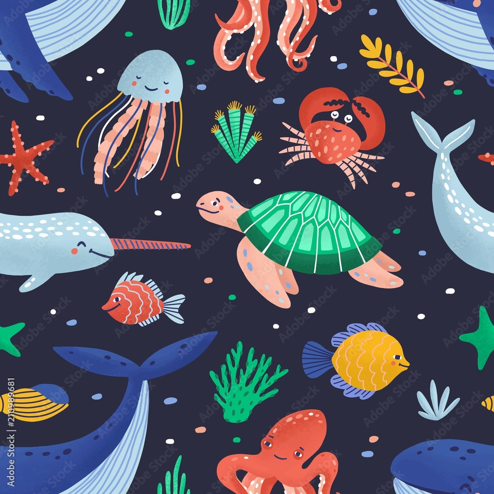 Seamless pattern with cute funny marine animals or happy underwater  creatures living in sea. Ocean fauna. Flat cartoon childish vector  illustration for textile print, wrapping paper, wallpaper. Stock Vector |  Adobe Stock