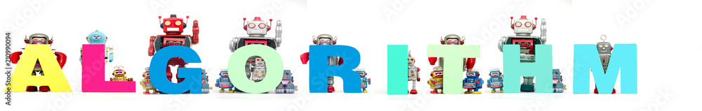 Obraz premium retro tin robot toys hold up the word ALGORITHM