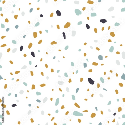 Terrazzo texture or tile. Seamless pattern with blue, yellow and black mineral rock crumb scattered on white background. Colorful vector illustration for fabric print, wrapping paper, flooring.