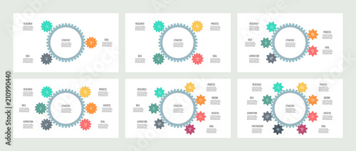 Business infographics. Organization charts with 3, 4, 5, 6, 7, 8 steps, options, gears. Vector templates.