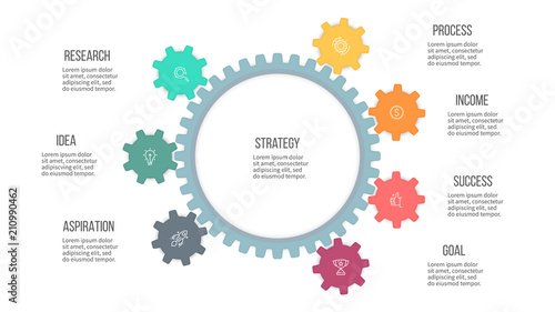 Business infographics. Organization chart with 7 steps, options, gears. Vector template.