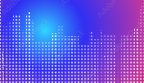 Minimal geometric background. Dynamic shapes composition. Town landscape. Blue and pink colors. 