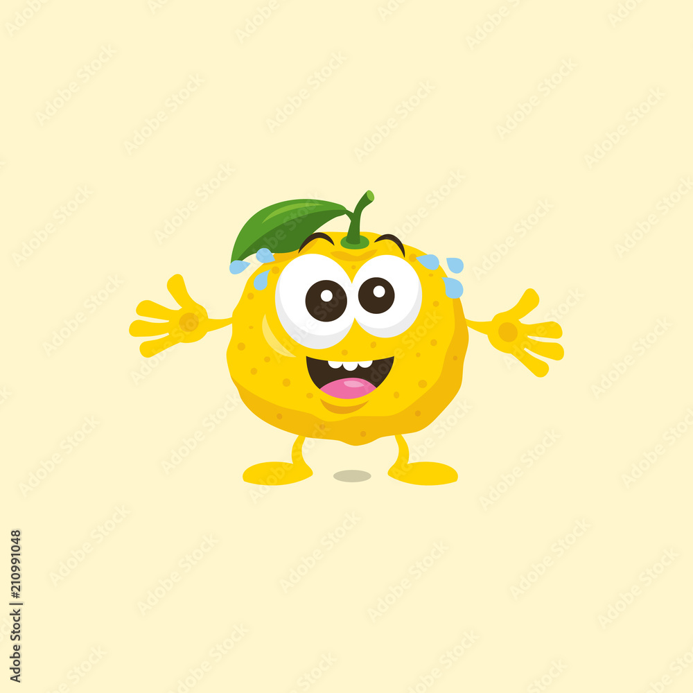 Yuzu mascot is excited to see his best friend with big smile isolated on light background. Flat design style for your mascot branding.