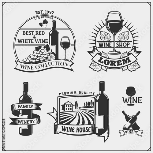 Collection of Wine shop vintage emblems, labels, badges and design elements.