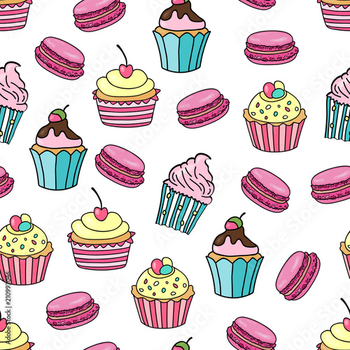 Cupcake and macaroon background. Seamless pattern with different cupcakes and macaroon on white background. Sweet background for wedding, birhday, greetings cards, web, print. Vector illustration
