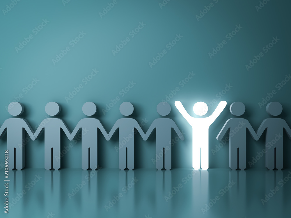 Stand out from the crowd and different creative idea concepts One glowing light man standing with arms wide open among other people on dark green background with reflections and shadows. 3D rendering. - obrazy, fototapety, plakaty 