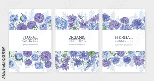 Collection of floral card or flyer templates for herbal cosmetics and natural...