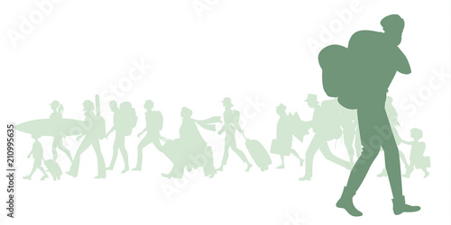 Silhouette of man with backpack. Group of diverse travelers in the background