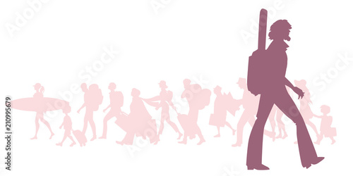 Silhouette of adventurous bearded traveler with a guitar behind his back. Group of diverse travelers in the background