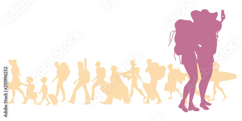 Silhouette of traveling girls with backpacks doing a selfie. Group of diverse travelers in the background