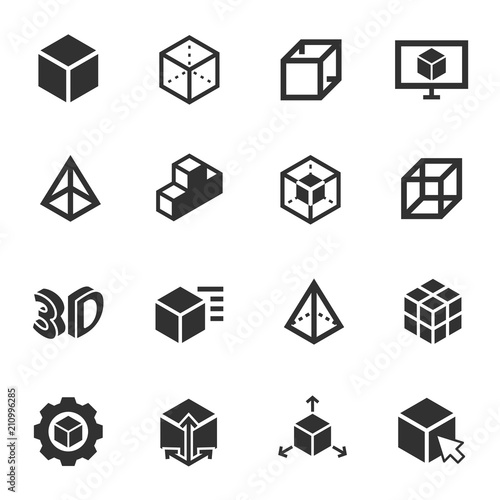 3D modeling, monochrome icons set. 3-dimensional model, simple symbols collection