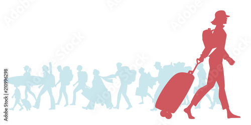 Silhouette of traveling woman with cap, backpack and trolley. Group of diverse travelers in the background