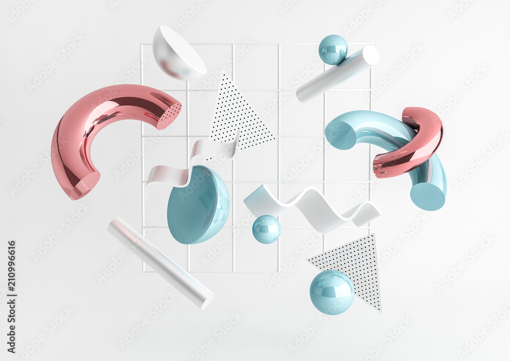 3d render realistic primitives composition. Flying shapes in motion isolated on white background. Abstract theme for trendy designs. Spheres, torus, tubes, cones in metallic blue and pink colors.