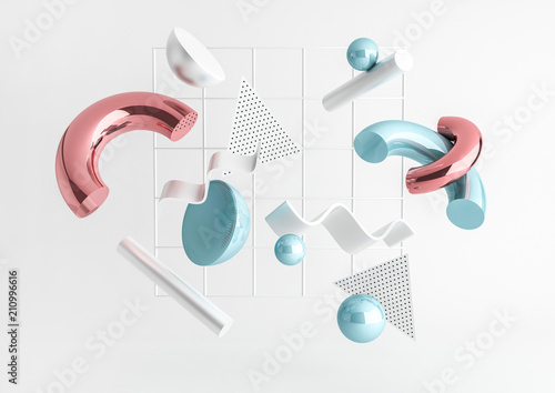 3d render realistic primitives composition. Flying shapes in motion isolated on white background. Abstract theme for trendy designs. Spheres, torus, tubes, cones in metallic blue and pink colors.