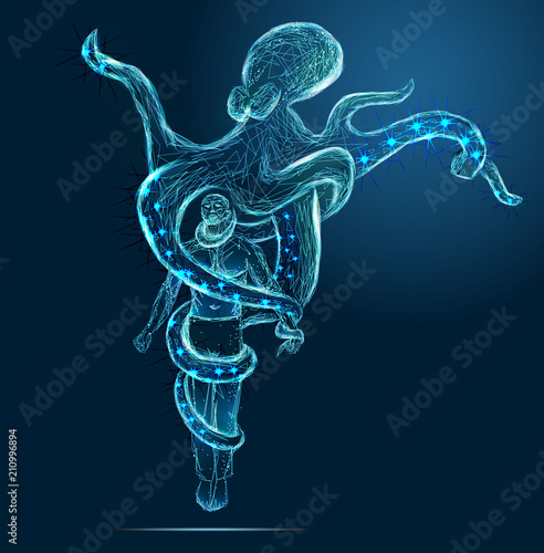 Man in the arms of an octopus. Abstract image of a starry sky or space, consisting of points, lines, and shapes in the form of planets, stars and the universe. Low poly vector