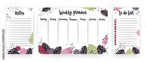 Weekly planner with weekdays, page for notes and to do list templates decorated with abstract brush strokes and exotic monstera leaves. Modern scheduler, bullet journal. Vector illustration.