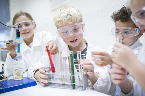 Pupils in science class experimenting with liquids in test tubes photo