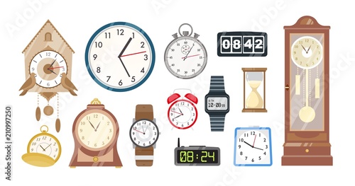 Collection of mechanical and electronic clocks, watches and hourglass isolated on white background. Set of devices to to measure indicate time. Colorful vector illustration in flat cartoon style. photo