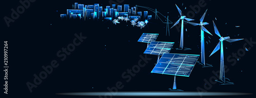 Сlean electric energy from renewable sources sun and wind. Abstract image of a starry sky or space, consisting of points, lines, and shapes in the form of  stars and the universe. Low poly vector