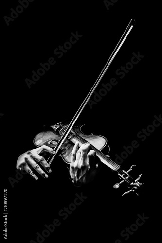 Canvas Print black and white male violinist hands playing violin, music background
