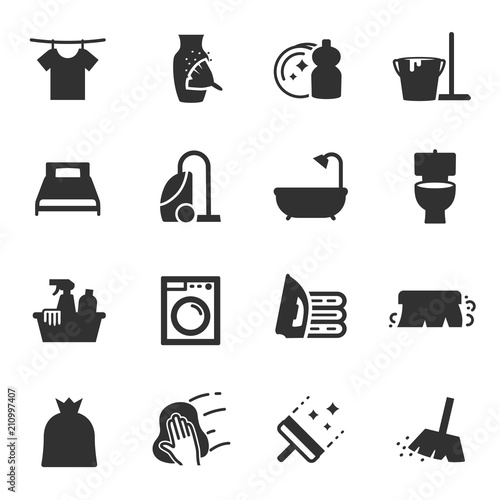 Housework, monochrome icons set. cleaning the house, simple symbols collection
