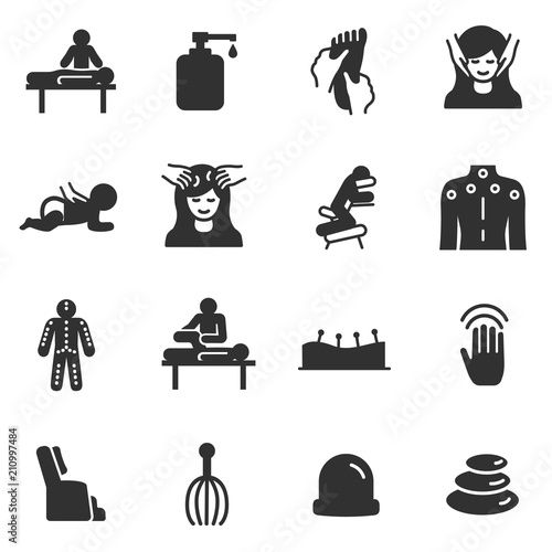 Massage, monochrome icons set. relaxing spa and medical massage of various parts of the body, acupuncture, simple symbols collection