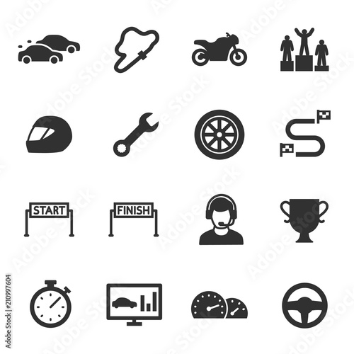 Racing, monochrome icons set. Automobile and motorcycle competitions, simple symbols collection