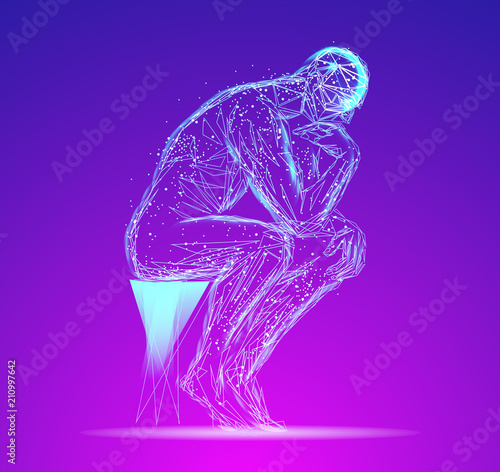 Abstract image of a thinking man. Abstract image of a starry sky or space, consisting of points, lines, and shapes in the form of planets, stars and the universe. Low poly vector