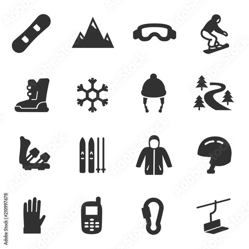 Snowboarding and skiing, monochrome icons set. ride a snowboard and skiing, simple symbols collection