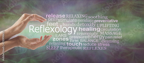 Reflexology Descriptive Word Tag Cloud Banner - female cupped hands with the word REFLEXOLOGY floating between surrounded by a relevant word tag cloud on a rustic multi coloured background
 photo