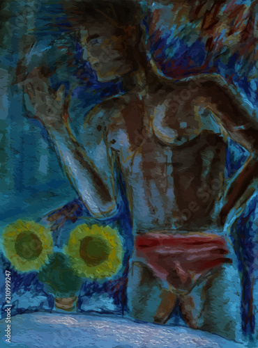 Dessin imaginaire d'un jeune homme en slip rouge, un bras levé, à côté deux deux tournesols. 