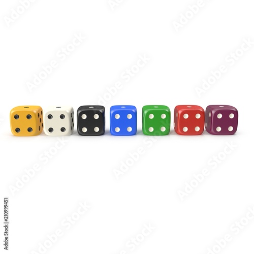 6 Edged Dices Group on white. Side view. 3D illustration