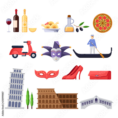 Travel to Italy design elements. Roma, Venice tourist landmarks, fashion and food illustration. Vector flat icons