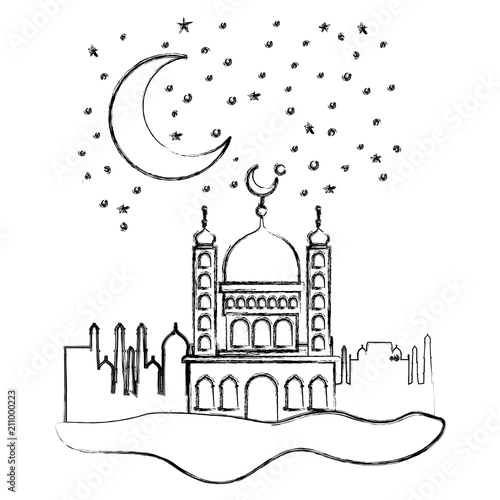 arabic castle with moon in the night scene vector illustration design