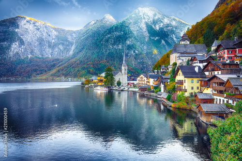 Scenic view of famous Hallstatt mountain village with Hallstatter lake See