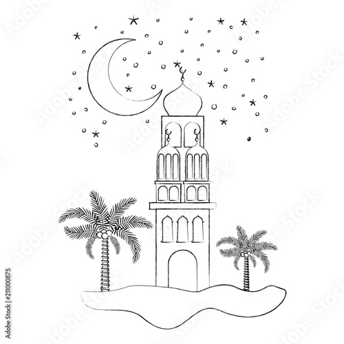arabic castle with moon in the night scene vector illustration design