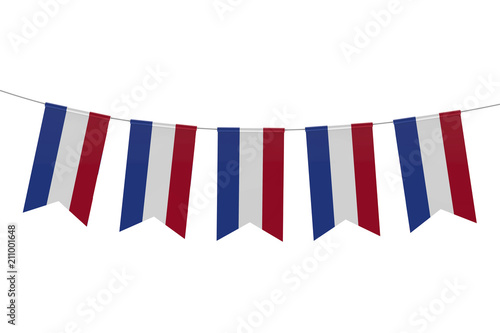 Netherlands national flag festive bunting against a plain white background. 3D Rendering